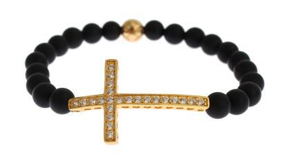 Nialaya Chic Matt Onyx Bead &amp; CZ Diamond Cross Armband