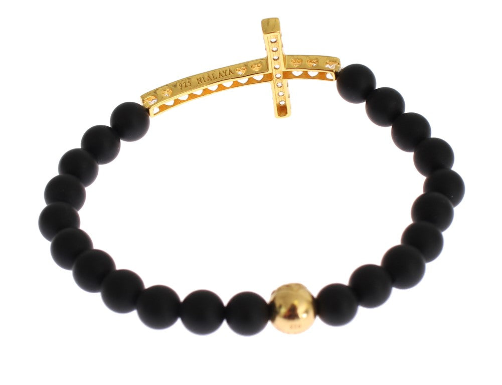 Nialaya Chic Matt Onyx Bead &amp; CZ Diamond Cross Armband