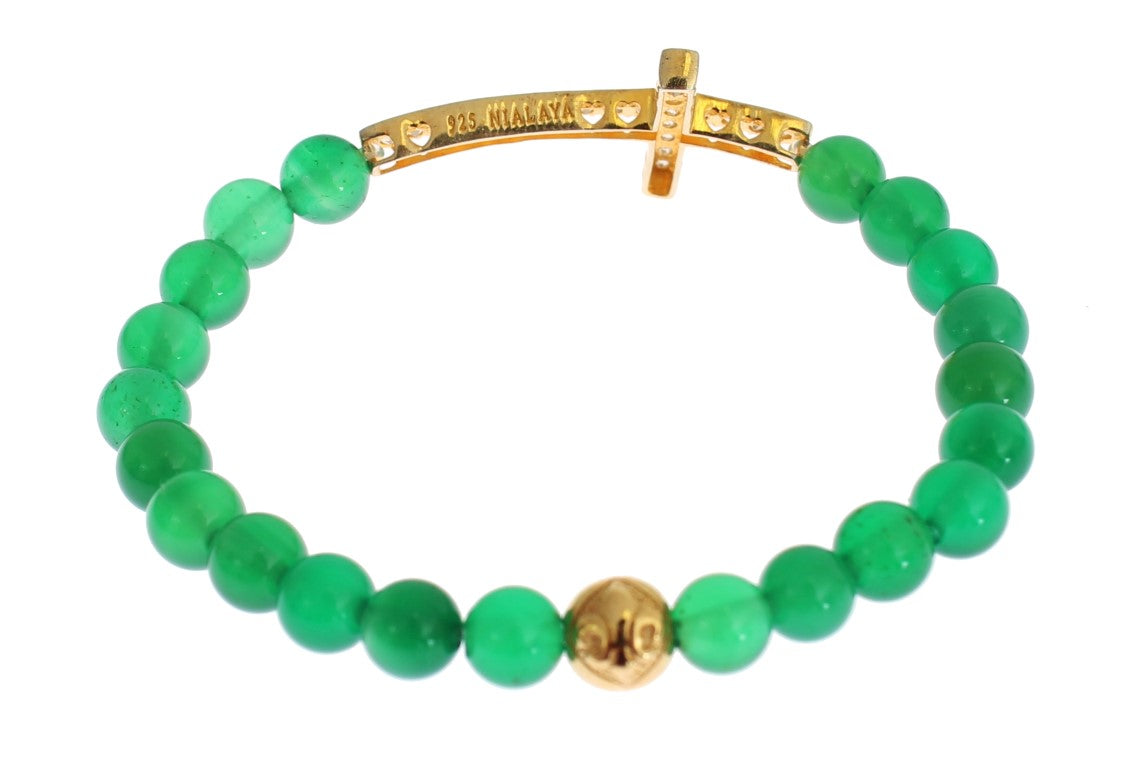 Nialaya Elegant Green Jade Bead & Gold Plated Bracelet